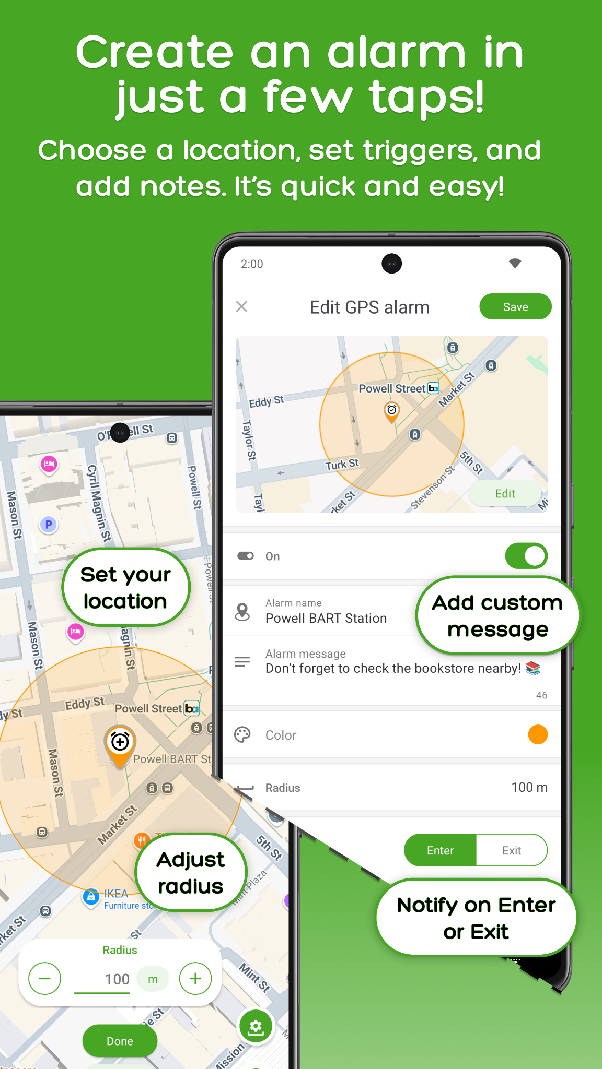 GPS Alarm map screen showing a location reminder radius